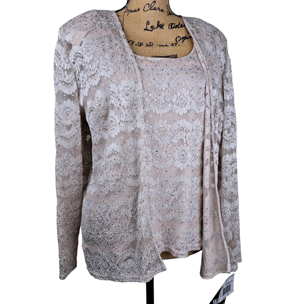 R&M Richards Champagne Lace Sequin Tank Cardigan Set Size 18 Evening Formal